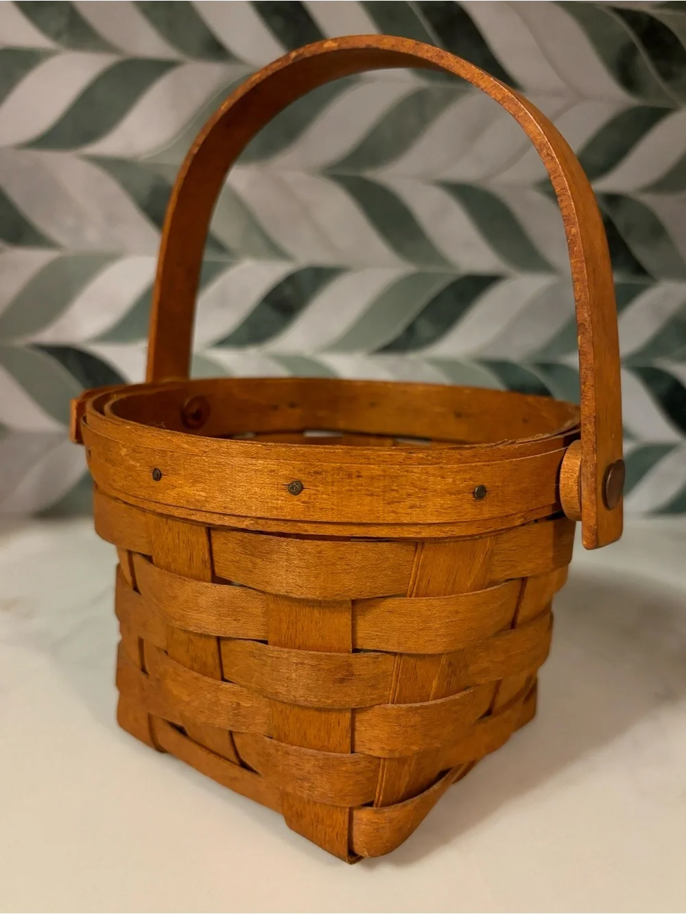 Small Longaberger Woven Wood Basket with Handle, c. 1989